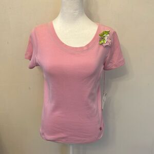 Key West bubble gum pink short sleeve cotton tee with flower Size L New